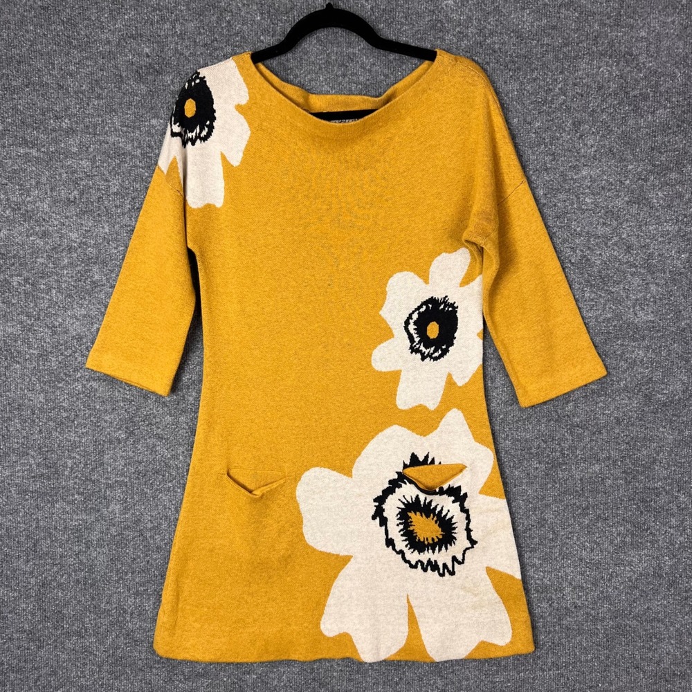 Field Flower Anthropologie Mustard Yellow Floral Knit Tunic Sweater Dress Small